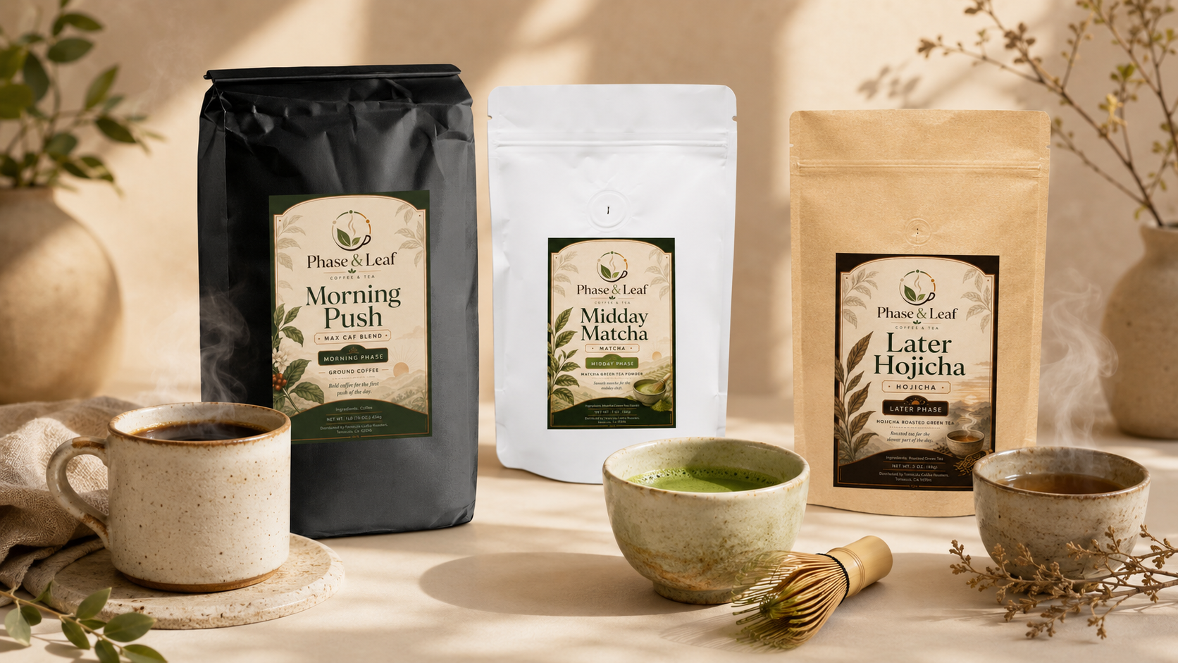 Phase and Leaf coffee and tea ritual on a warm kitchen counter