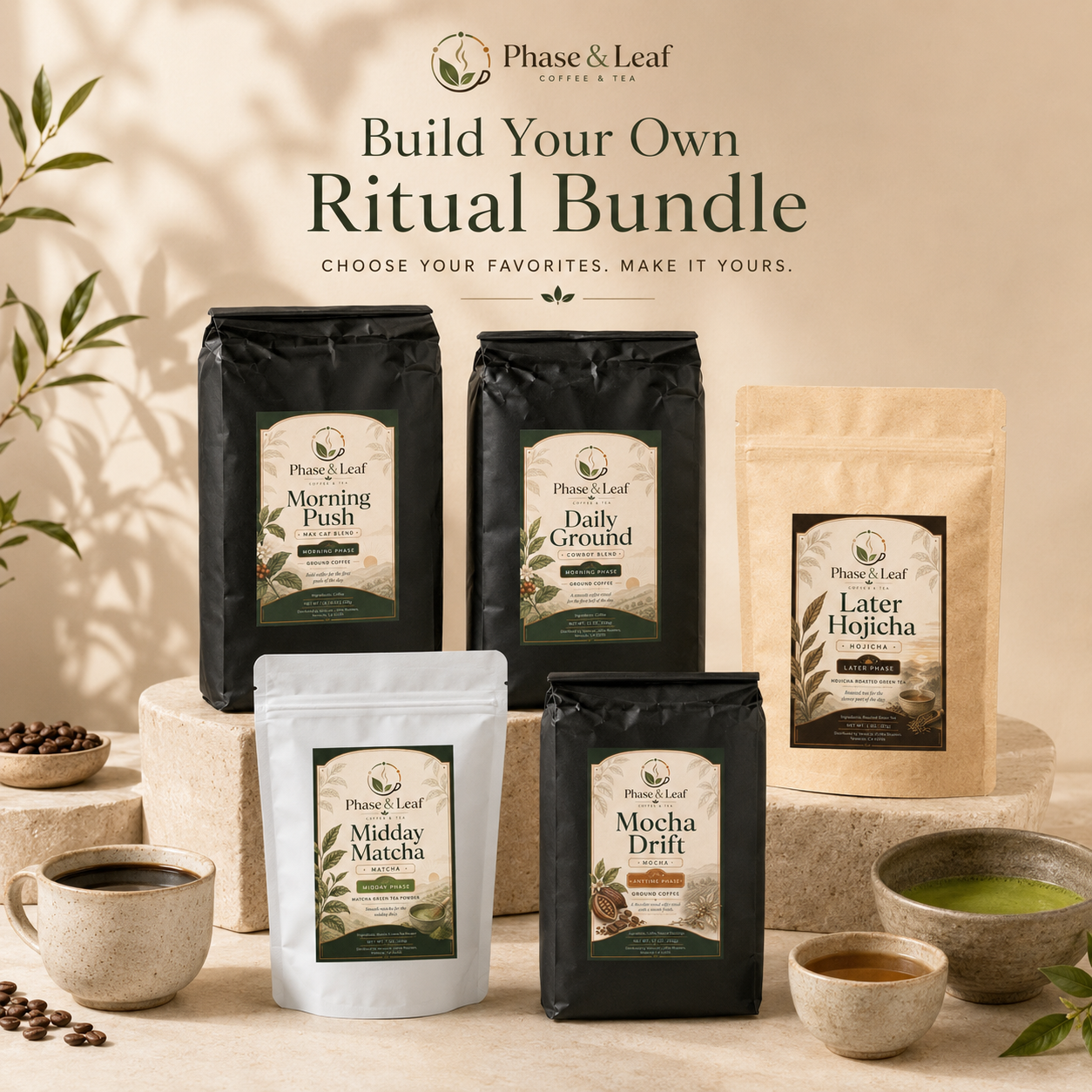 Build Your Own Ritual Bundle with Phase and Leaf coffee, matcha, and hojicha options