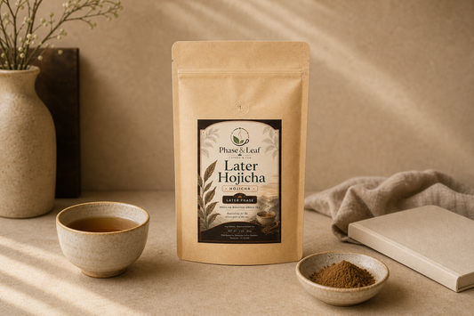 Later Hojicha pouch beside a prepared amber cup, roasted green tea powder, and a blank notebook