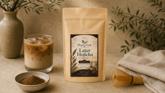 Later Hojicha pouch beside an iced hojicha latte, roasted green tea powder, and a whisk