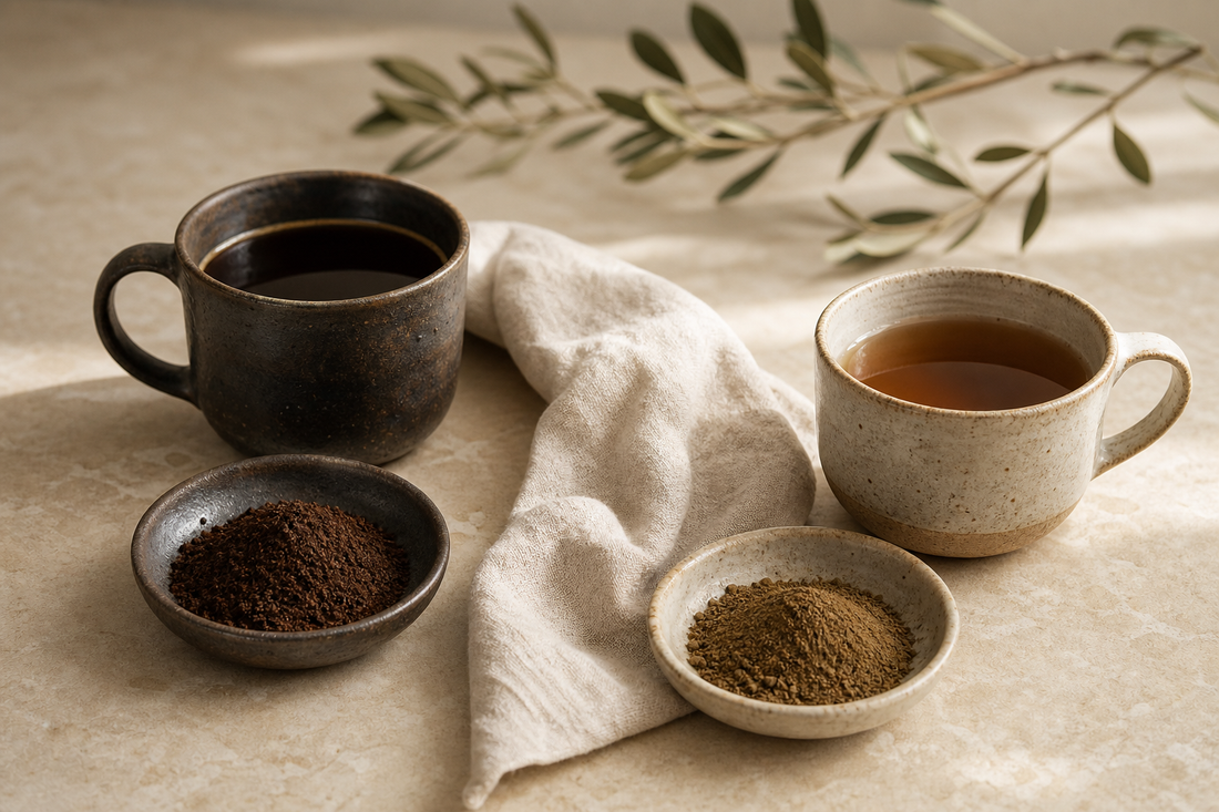 Black coffee and prepared hojicha beside ground coffee and roasted green tea powder