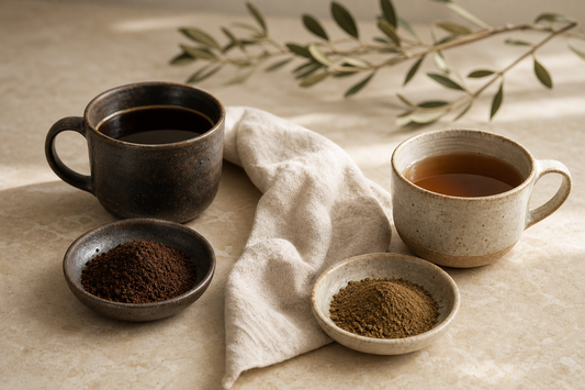 Black coffee and prepared hojicha beside ground coffee and roasted green tea powder