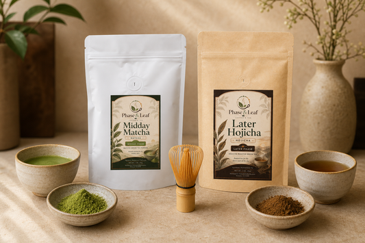 Midday Matcha and Later Hojicha pouches beside green and amber cups with matching powders