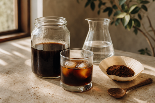 Cold brew concentrate, an iced glass, water, and ground coffee on a warm counter
