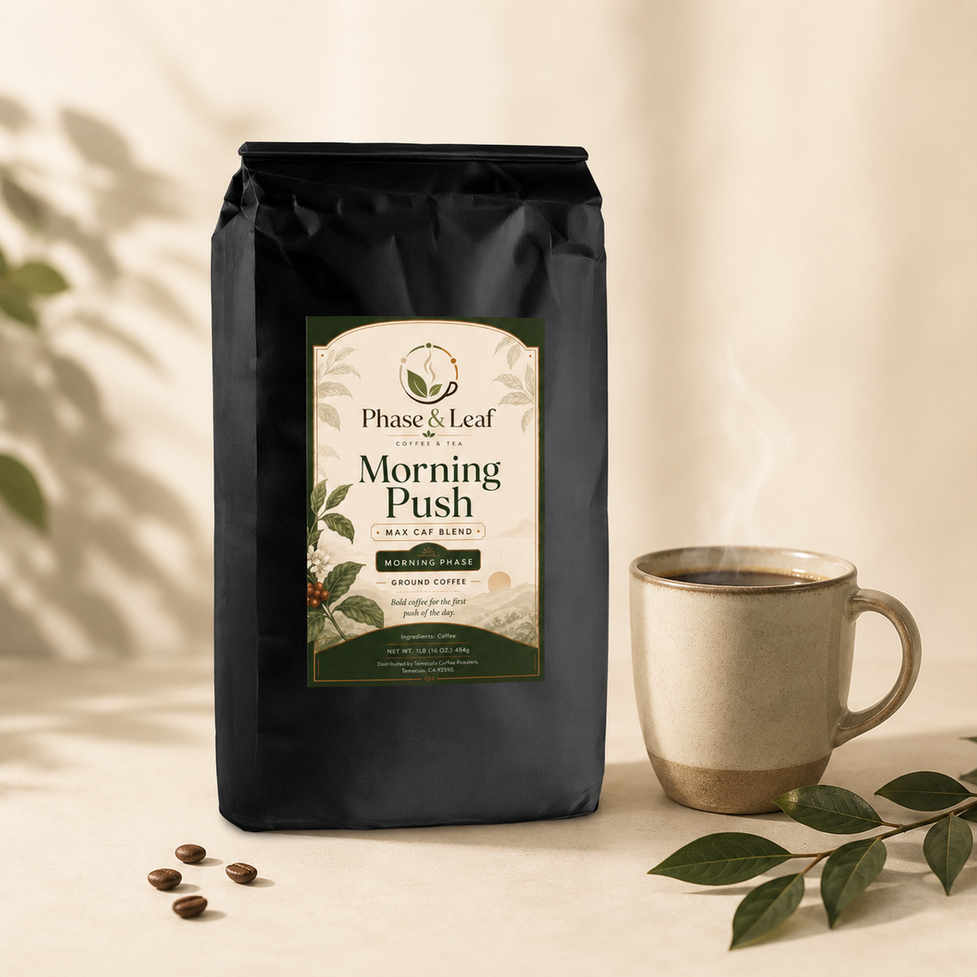 Morning Push Coffee bag beside a clean coffee setup