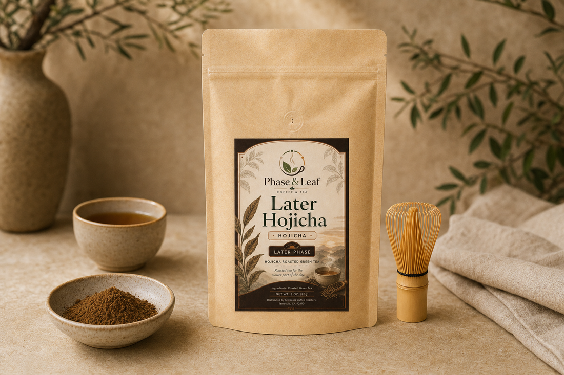 Later Hojicha pouch with roasted green tea powder, a prepared cup, and a whisk on a warm counter