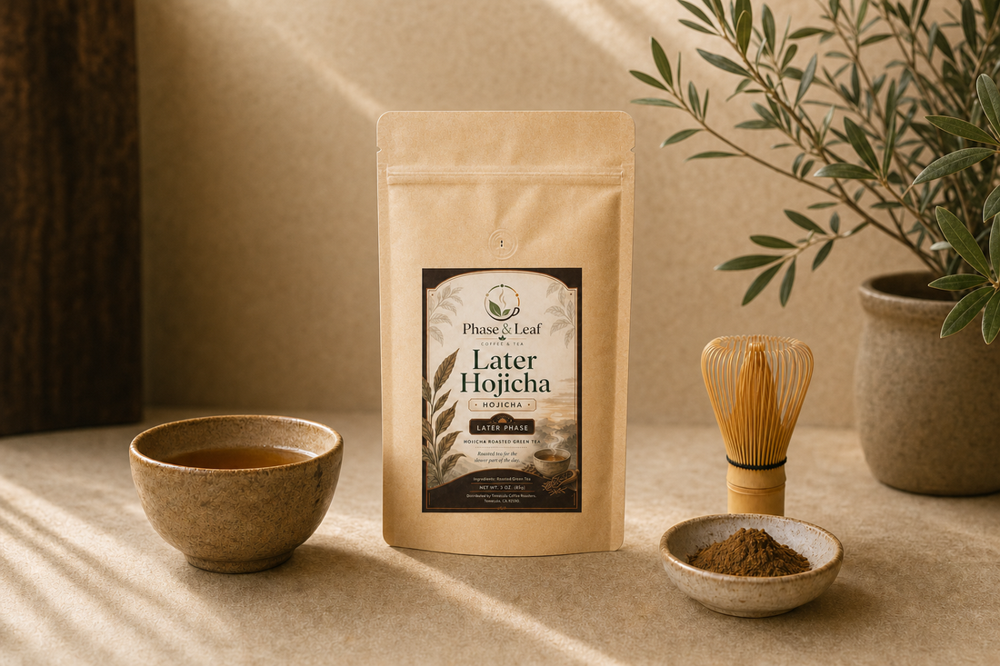 Later Hojicha pouch beside an amber cup, roasted green tea powder, and a whisk in late-afternoon light