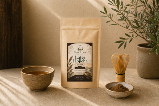 Later Hojicha pouch beside an amber cup, roasted green tea powder, and a whisk in late-afternoon light
