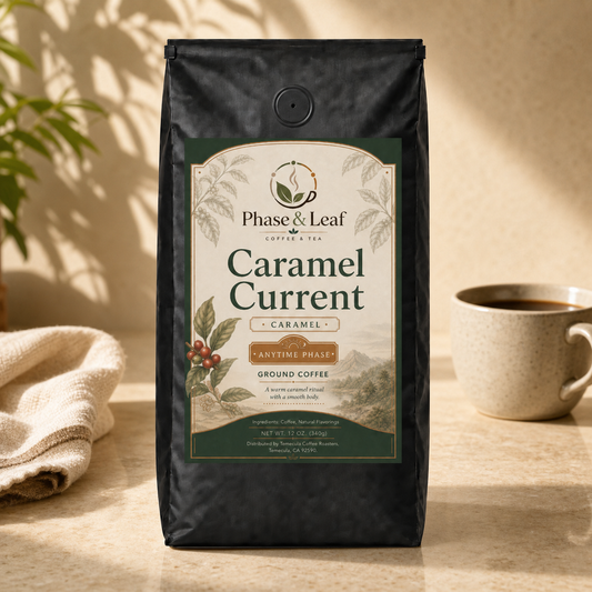 Caramel Current Coffee 12 oz pouch beside a prepared coffee in warm light