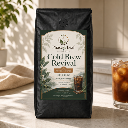 Cold Brew Revival 12 oz pouch beside an iced coffee in calm daylight
