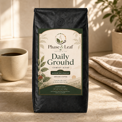 Daily Ground Coffee 12 oz pouch on a warm morning counter beside a prepared coffee