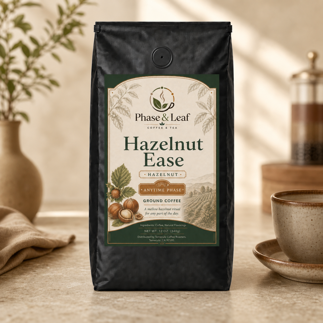 Hazelnut Ease Coffee 12 oz pouch in a warm cafe-at-home setting