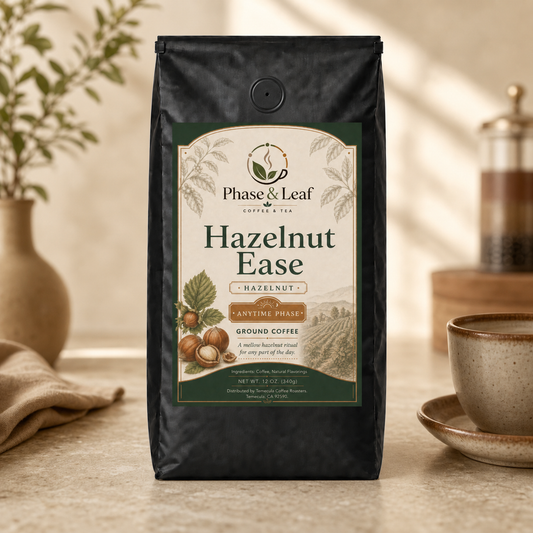 Hazelnut Ease Coffee 12 oz pouch in a warm cafe-at-home setting