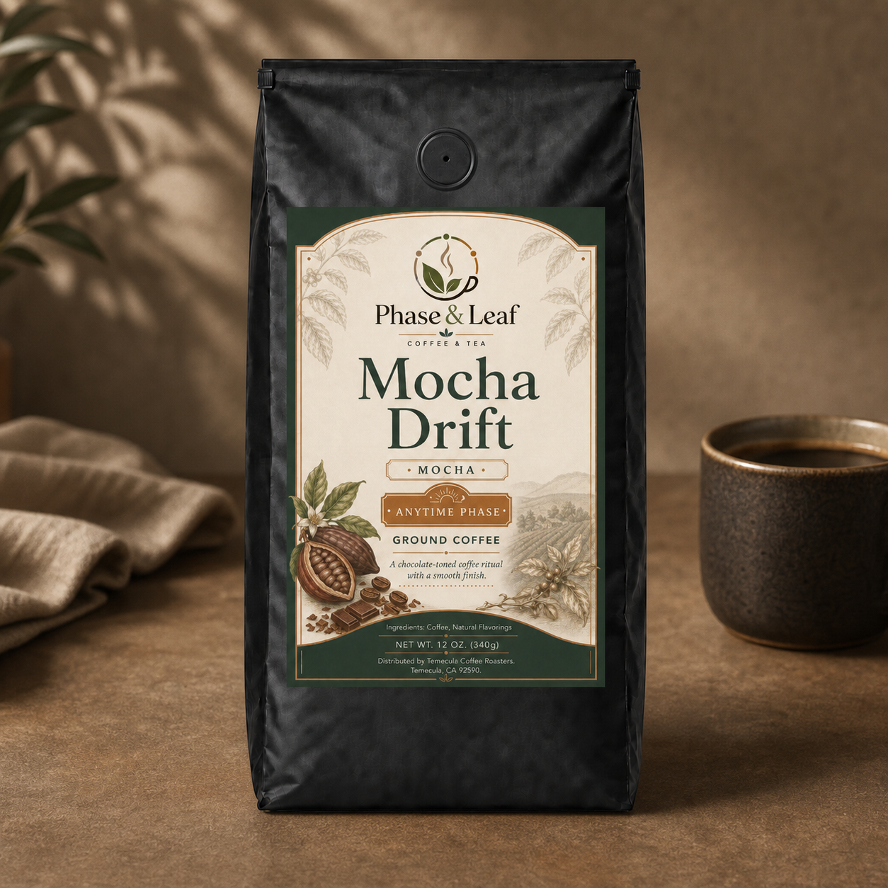 Mocha Drift Coffee 12 oz pouch beside a prepared coffee in a warm setting