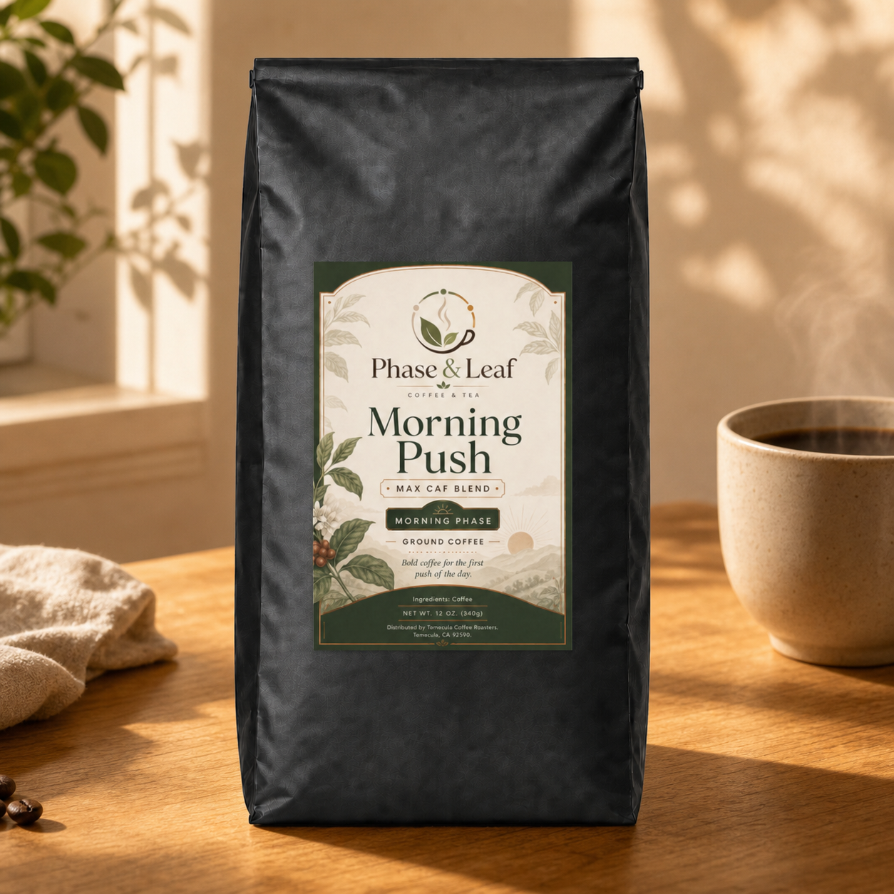 Morning Push Coffee 12 oz pouch on a warm morning counter beside a prepared coffee