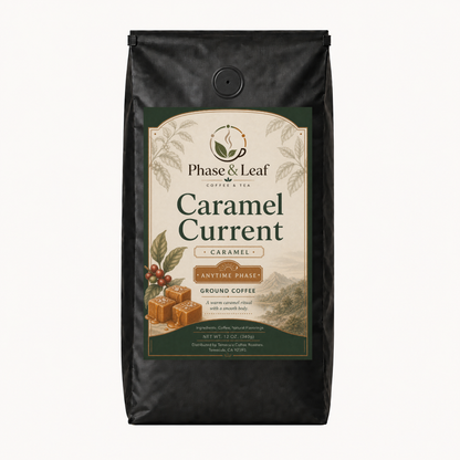 Caramel Current Coffee 12 oz exact-label package mock-up