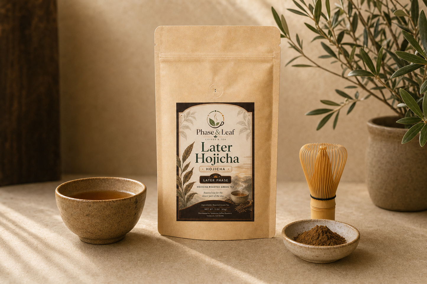 Later Hojicha 3 oz pouch beside a prepared amber cup, roasted green tea powder, and a whisk