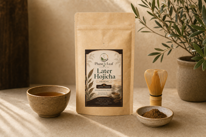 Later Hojicha 3 oz pouch beside a prepared amber cup, roasted green tea powder, and a whisk