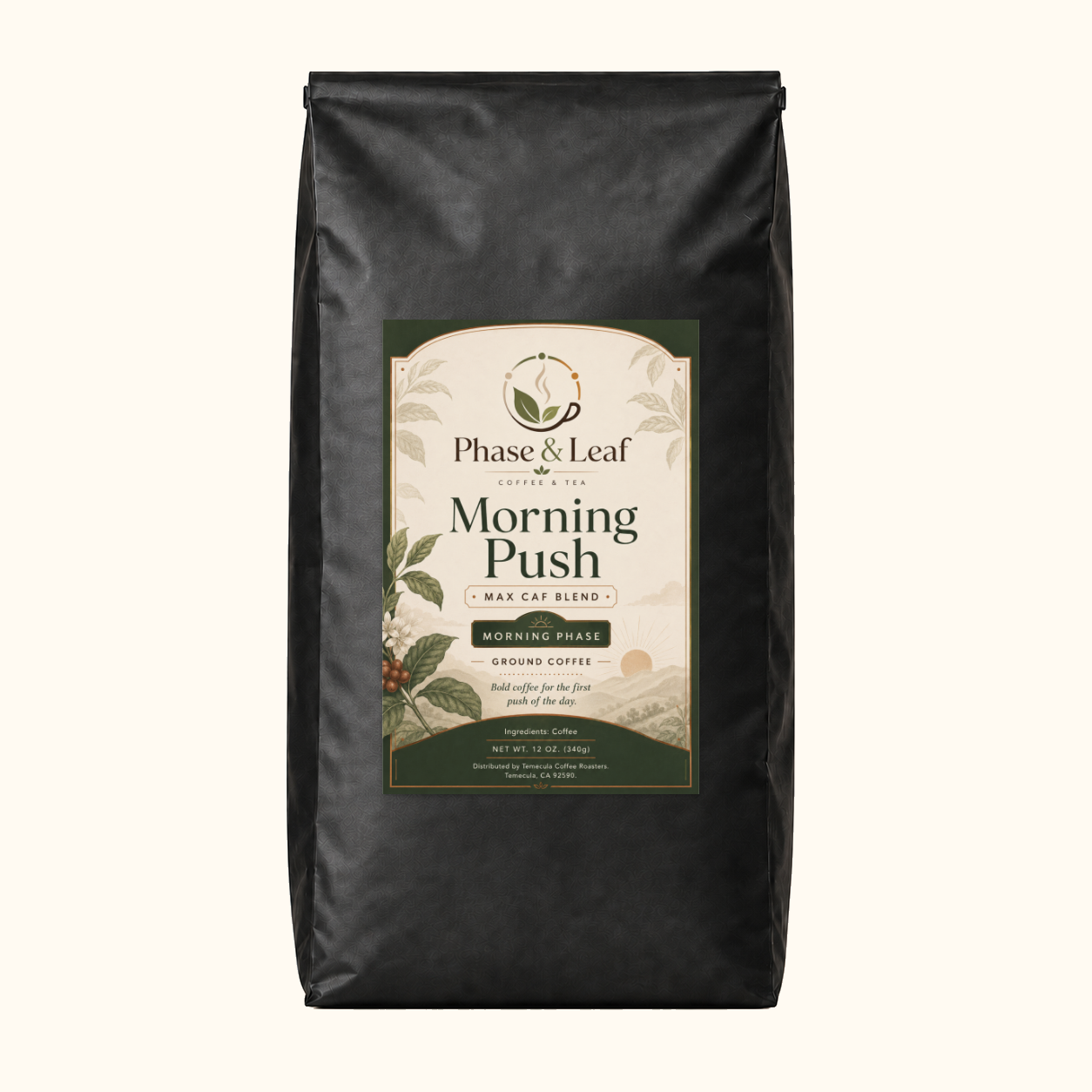 Morning Push Coffee 12 oz exact-label package mock-up