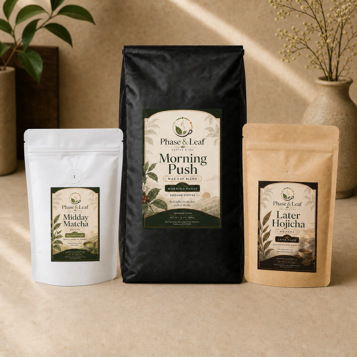 Phase Starter Set with Morning Push Coffee, Midday Matcha, and Later Hojicha packages