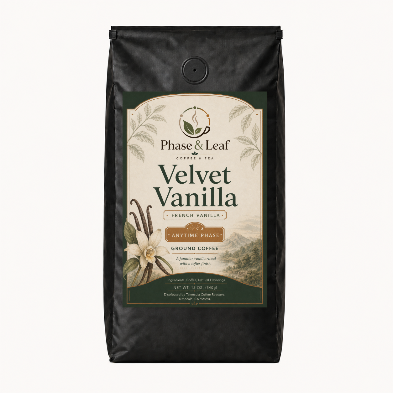 Velvet Vanilla Coffee 12 oz exact-label package mock-up