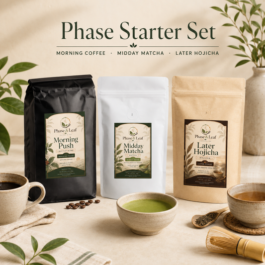 The Phase Starter Set with coffee, matcha, and hojicha