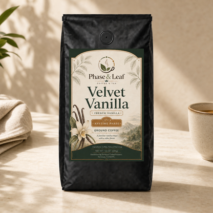 Velvet Vanilla Coffee 12 oz pouch beside a prepared coffee in soft afternoon light