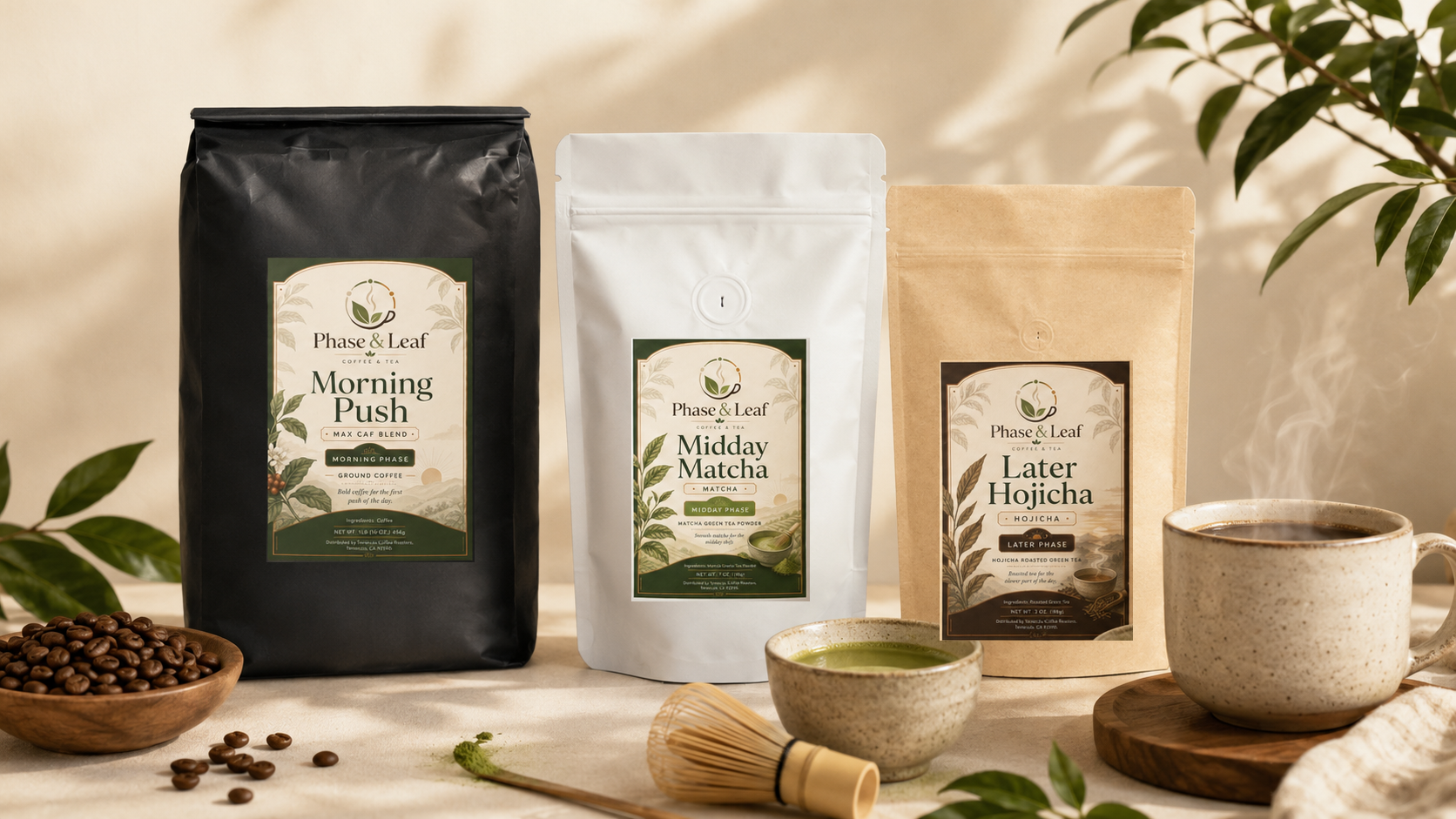 Phase and Leaf coffee, matcha, and hojicha arranged as a daily phase system