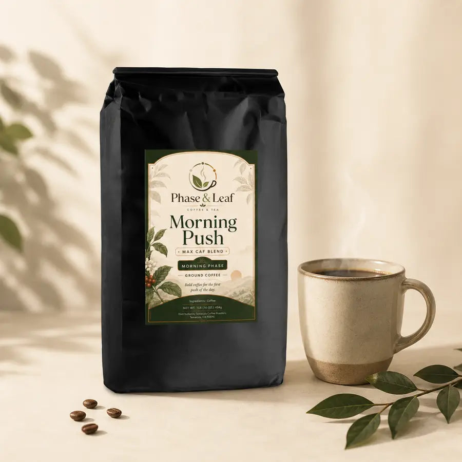 Morning Push Coffee bag beside a cup of coffee