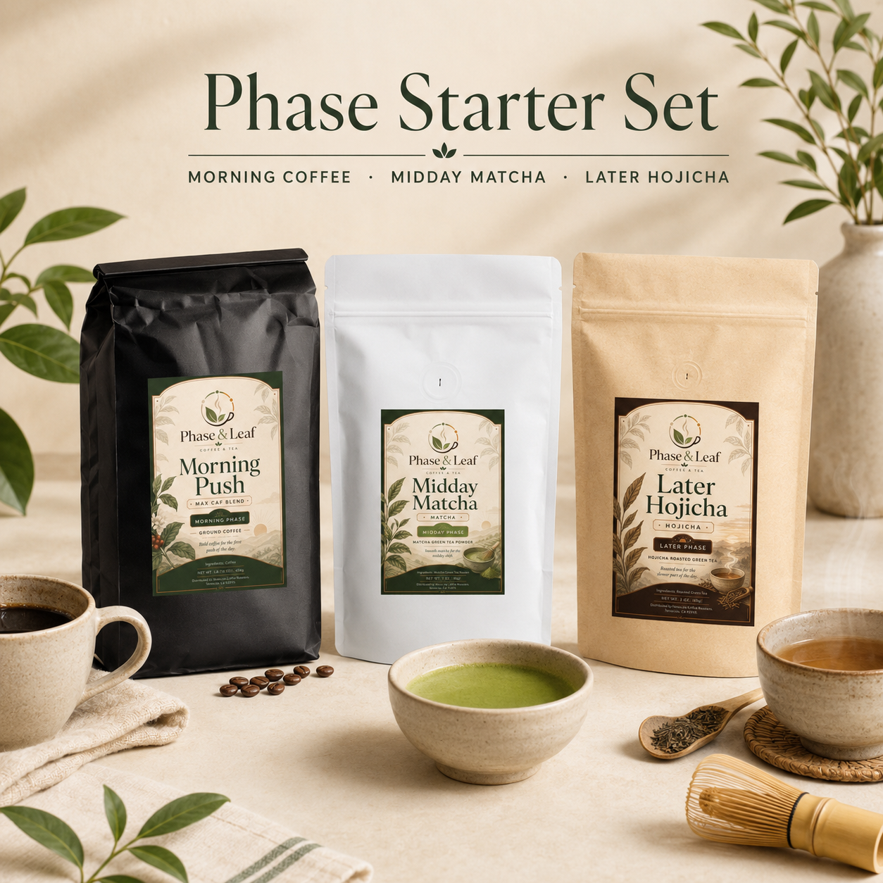 Phase Starter Set with Morning Push Coffee, Midday Matcha, and Later Hojicha